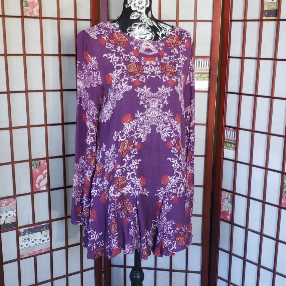 Free People Backless Ruffle Skirt Long Sleeve Floral Mini Dress Size S - Picture 1 of 8